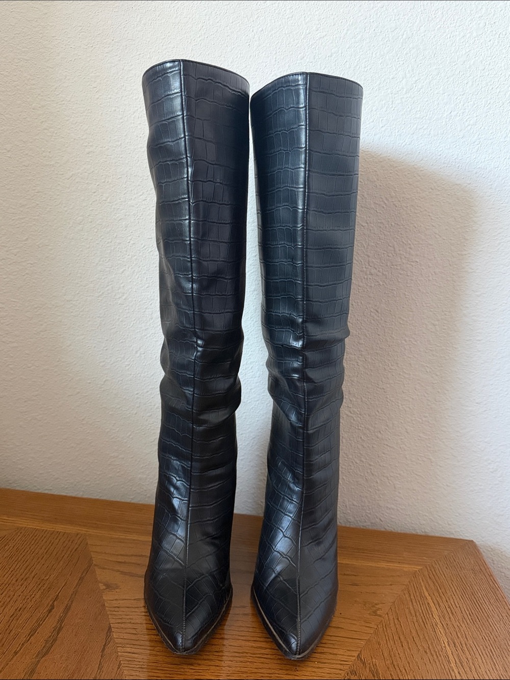 Tall Black Crocodile Embossed Over-the-Knee Boots